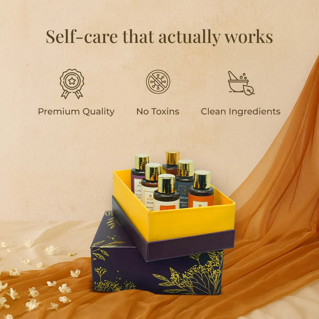 JiViSa Soulful Self Care Gift Box with six travel-size personal care products in a purple and gold gift box