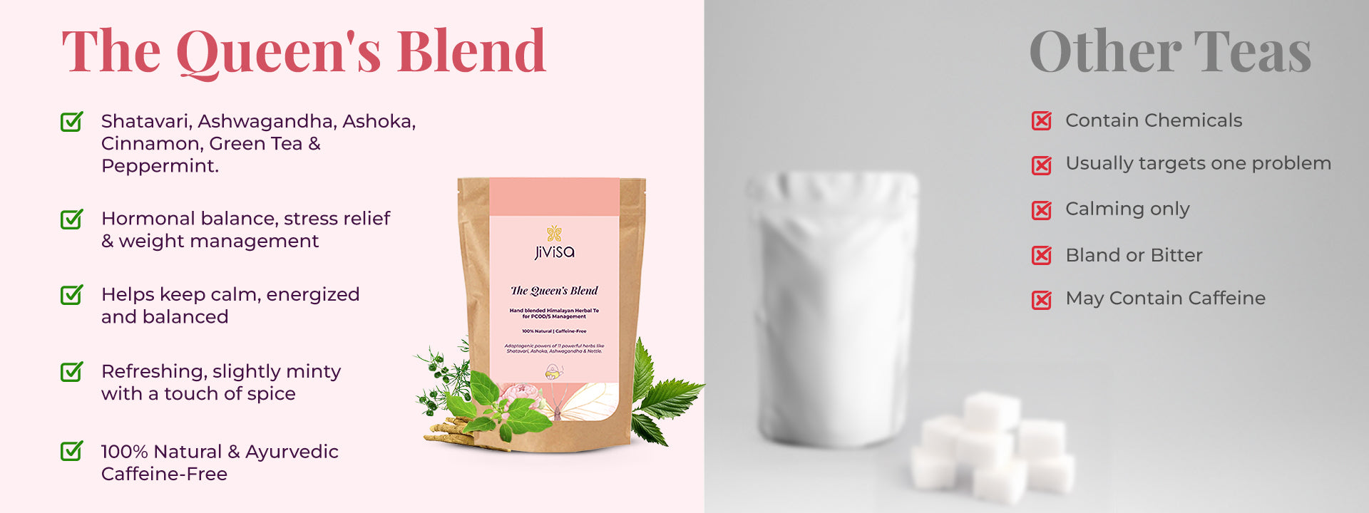The image presents a comparison between JiViSa tea and other teas. Right-side section titled "The Queen's Blend" composed of Shatavari, Ashwagandha, Cinnamon, Green Tea, and Peppermint, promote hormonal balance, stress relief, & weight management, helps keep calm, energized and balanced, is refreshing, slightly minty with a touch of spice and its 100% Naturally & Ayurvedic Caffeine-Free. In contrast Other Teas contains Chemicals, target one problem, calming only, bland or Bitter taste and contain Caffeine.