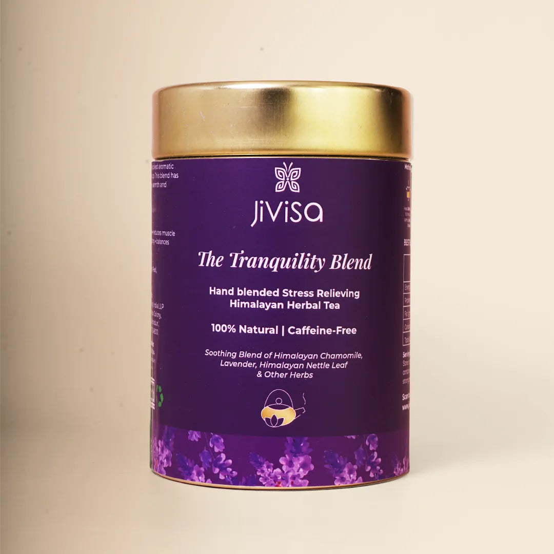 JiViSa The Tranquility Blend 50GM tin, a hand-blended stress-relieving Himalayan herbal tea with chamomile, lavender and nettle leaf