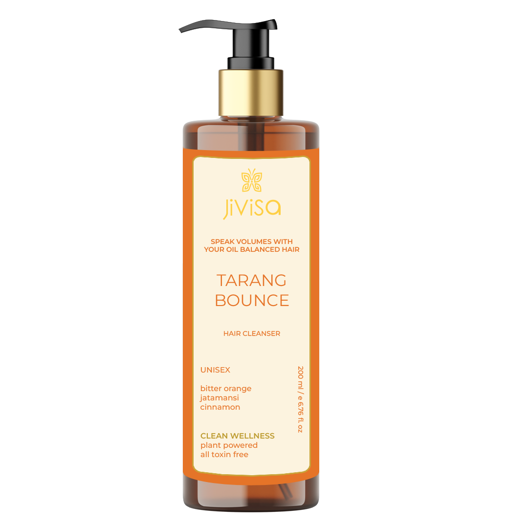 Front label of JiViSa's Tarang Bounce Hair Cleanser, 200 ml. The label features a clean and vibrant design with the tagline 'Speak Volumes with Your Oil Balanced Hair.' This unisex hair cleanser contains bitter orange, jatamansi, and cinnamon. The product is marketed as clean wellness, plant-powered, and toxin-free.