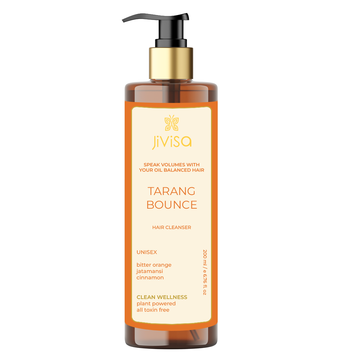 Front label of JiViSa's Tarang Bounce Hair Cleanser, 200 ml. The label features a clean and vibrant design with the tagline 'Speak Volumes with Your Oil Balanced Hair.' This unisex hair cleanser contains bitter orange, jatamansi, and cinnamon. The product is marketed as clean wellness, plant-powered, and toxin-free.