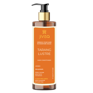 The front label of JiViSa's Tarang Bounce Hair Cleanser for 200 ml. The label highlights the product's name, "Tarang Bounce," and emphasizes its benefits with the tagline "Speak Volumes With Your Oil Balanced Hair." The label mentions it is unisex and contains ingredients like bitter orange, jatamansi, and cinnamon. It also specifies that the product is part of the "Clean Wellness" range, which is plant-powered and free from toxins.