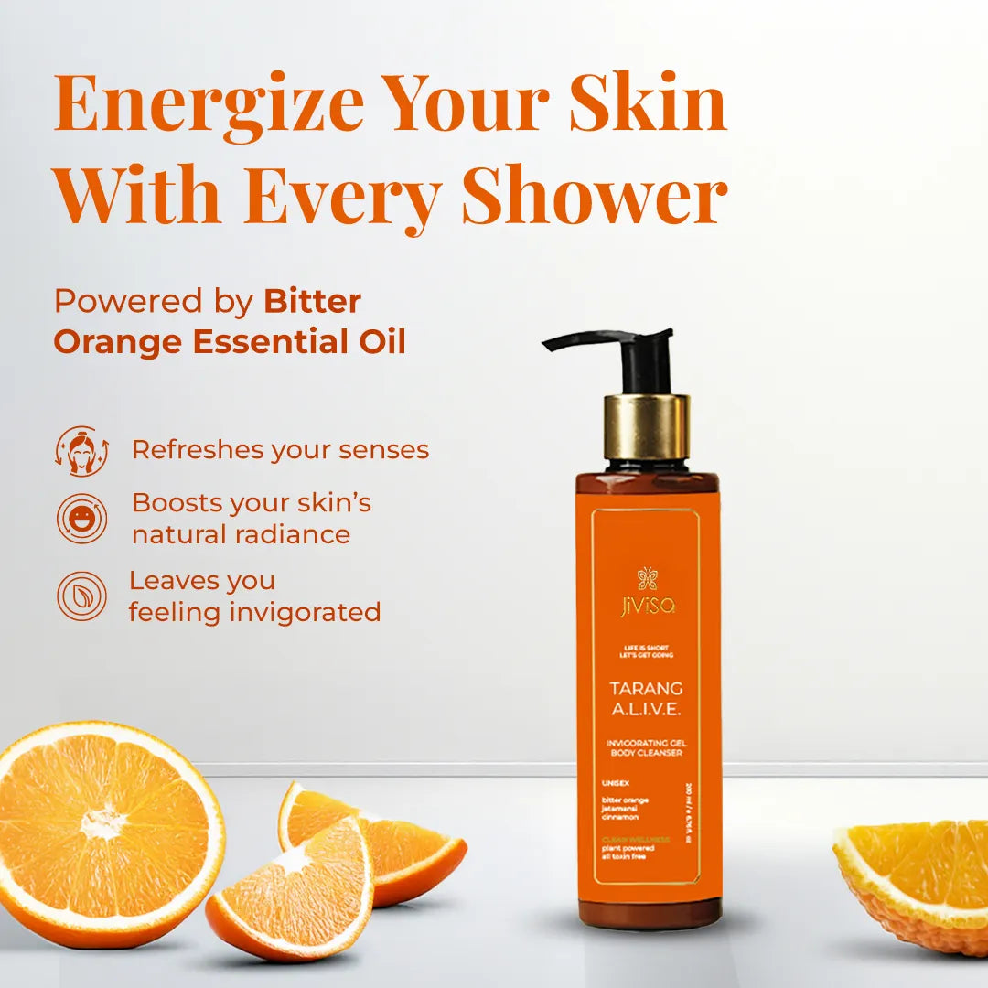 JiViSa Tarang A.L.I.V.E. Body Cleanser bottle with sliced oranges. Text reads: &