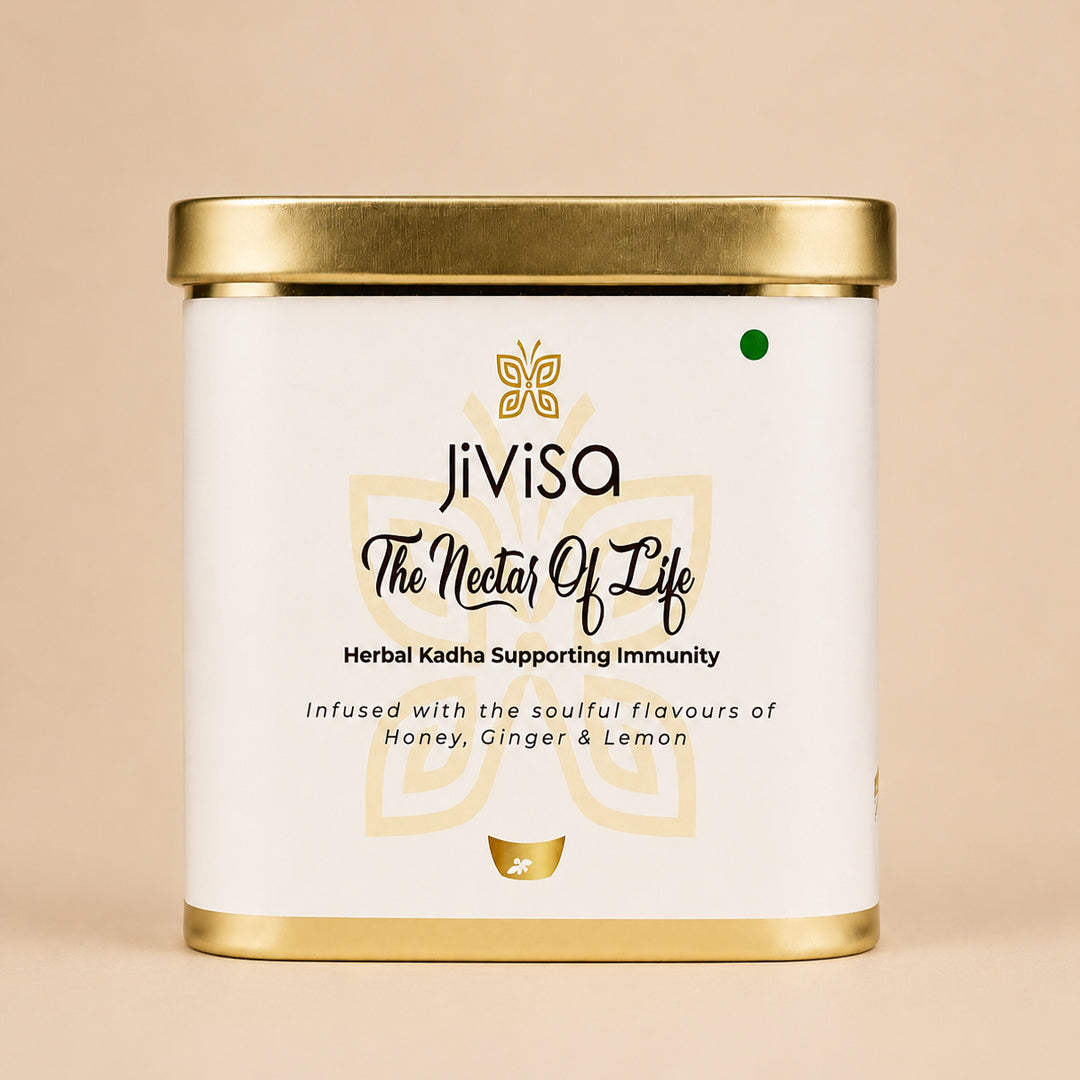 JiViSa Nectar of Life herbal kadha tin, 13-herb ayurvedic immunity blend with honey, ginger, and lemon flavours