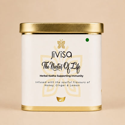 JiViSa Nectar of Life herbal kadha tin, 13-herb ayurvedic immunity blend with honey, ginger, and lemon flavours