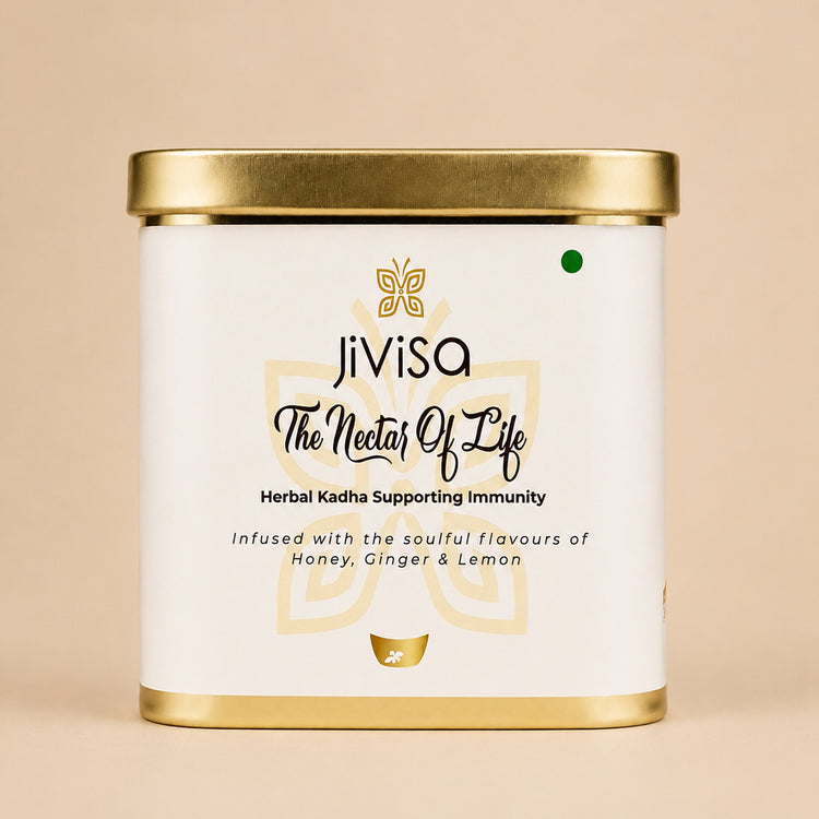 JiViSa Nectar of Life herbal kadha tin, 13-herb ayurvedic immunity blend with honey, ginger, and lemon flavours