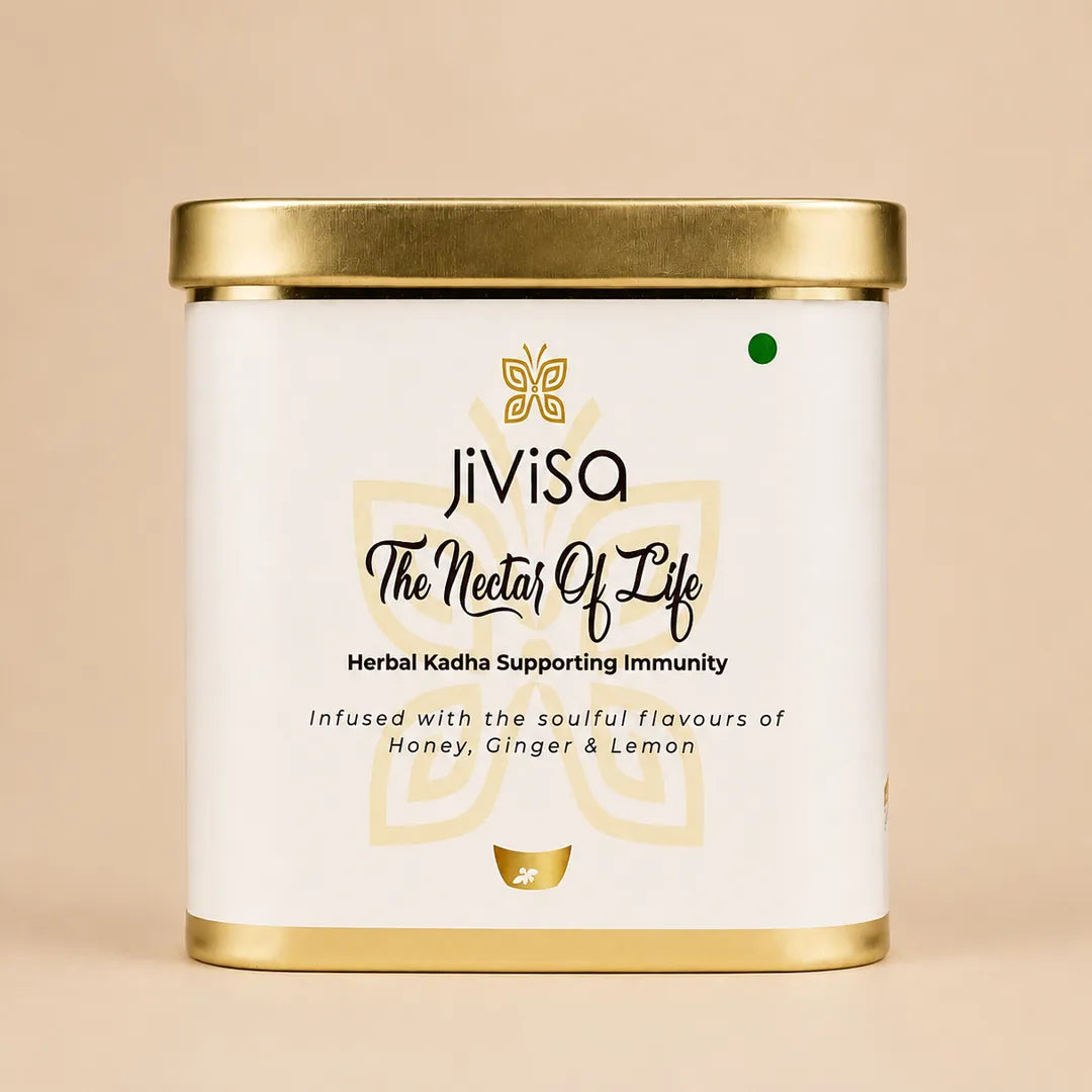 JiViSa Nectar of Life herbal kadha tin, 13-herb ayurvedic immunity blend with honey, ginger, and lemon flavours