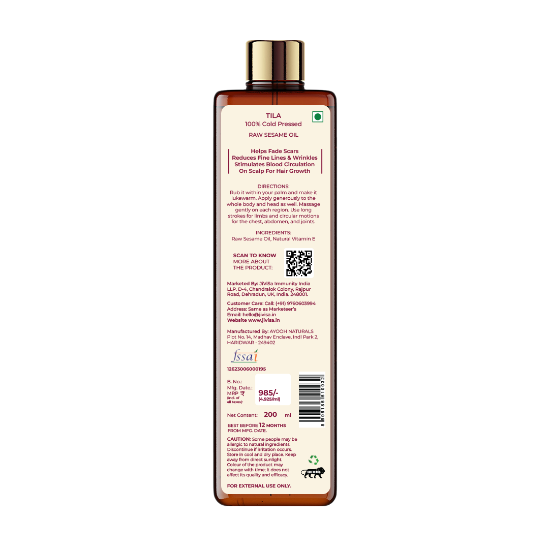 Back image of JiViSa-TILA 100% Cold Pressed Raw Sesame Oil 200ml Bottle, MRP ₹985
Helps fade Scars | Reduces Fine Lines &amp; Wrinkles | Stimulates Blood Circulation | On Scalp For Hair Growth