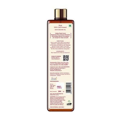 Back image of JiViSa-TILA 100% Cold Pressed Raw Sesame Oil 200ml Bottle, MRP ₹985
Helps fade Scars | Reduces Fine Lines &amp; Wrinkles | Stimulates Blood Circulation | On Scalp For Hair Growth