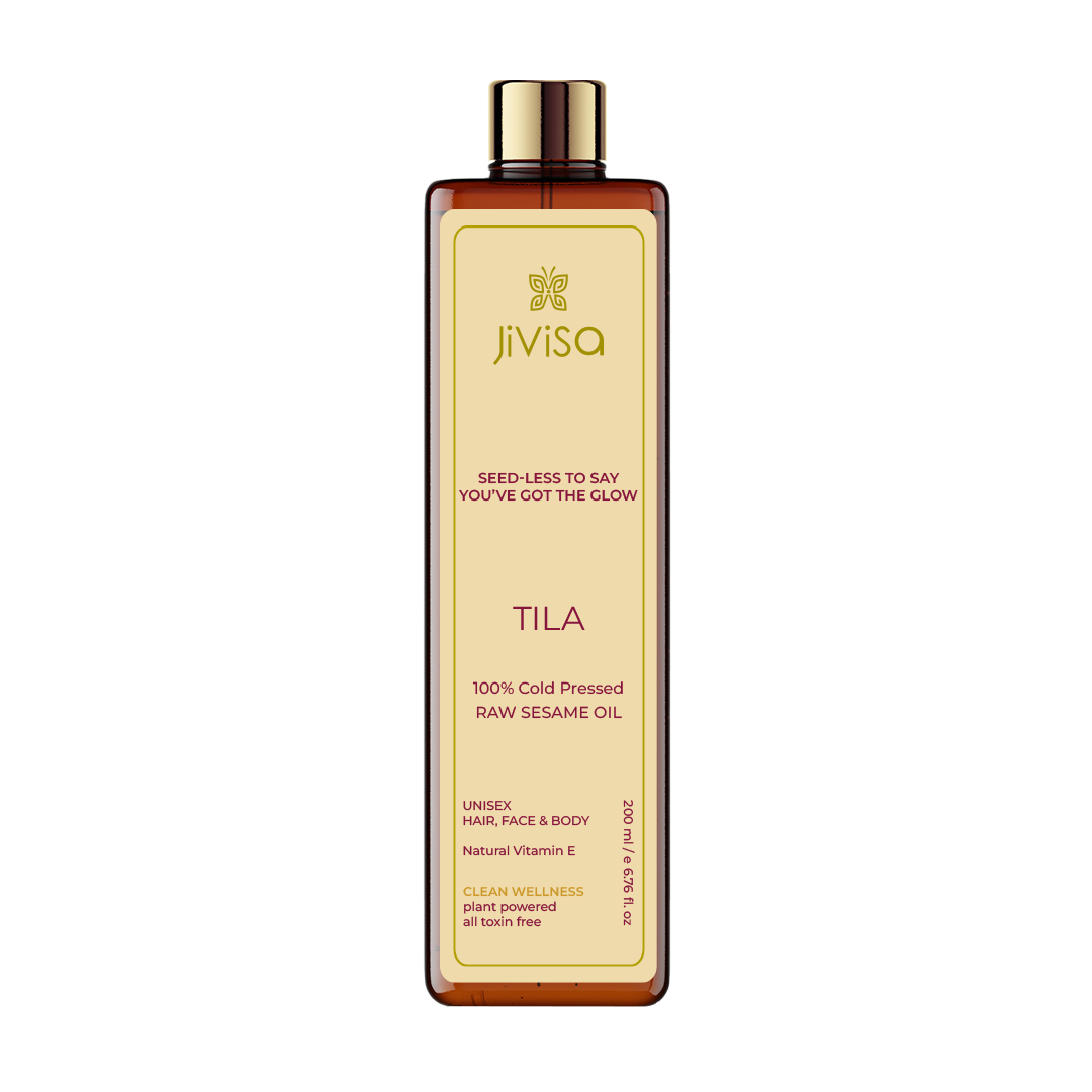 Front view of JiViSa Tila Cold Pressed Raw Sesame Oil 200 ml bottle. The product name 'TILA' is prominently displayed, highlighting its key ingredient, 100% Cold Pressed Raw Sesame Oil. The label also mentions that the oil is suitable for unisex use on hair, face, and body, enriched with natural Vitamin E, and emphasizes the clean wellness promise of being plant-powered and toxin-free.