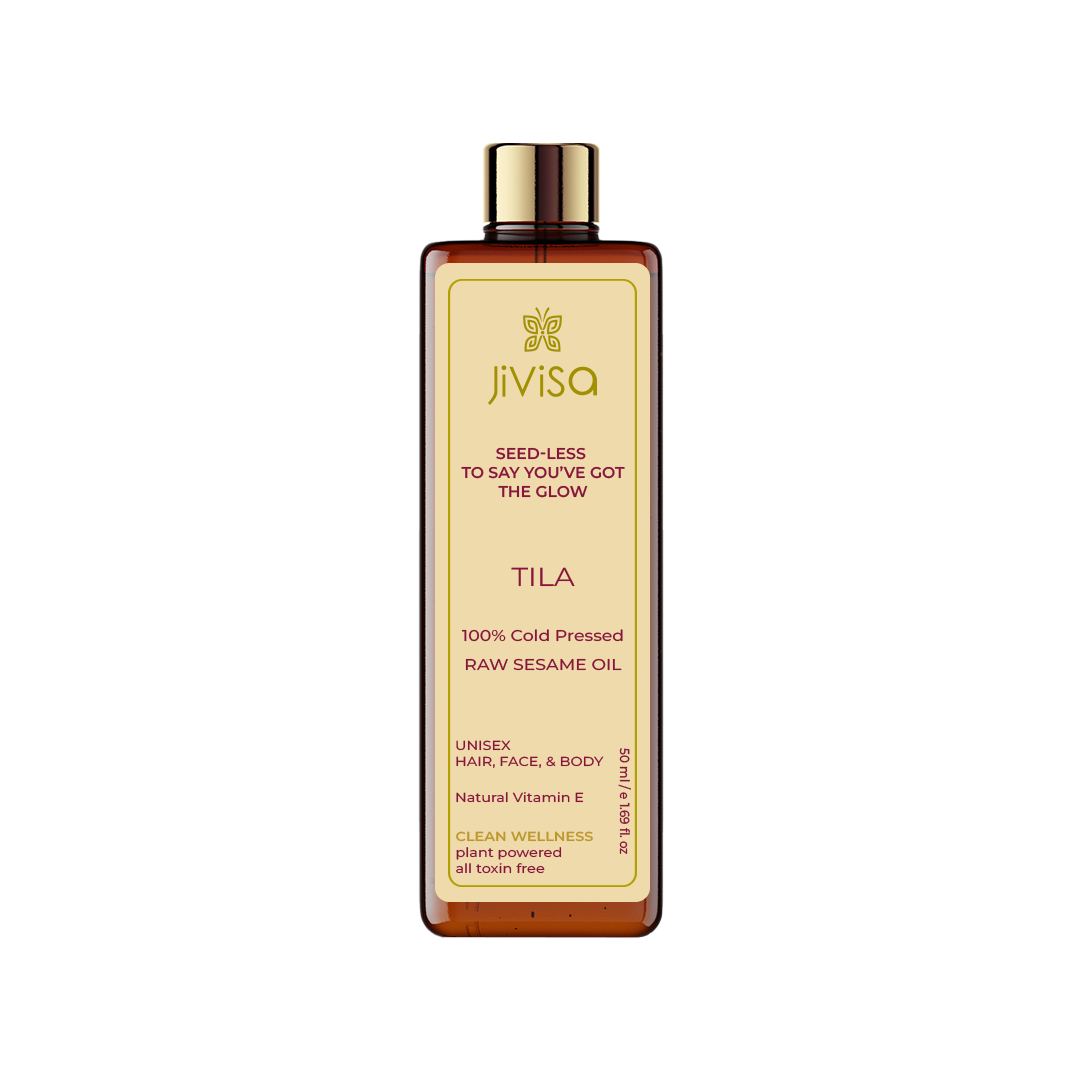  Front view of JiViSa Tila Cold Pressed Raw Sesame Oil 200 ml bottle. The product name 'TILA' is prominently displayed, highlighting its key ingredient, 100% Cold Pressed Raw Sesame Oil. The label also mentions that the oil is suitable for unisex use on hair, face, and body, enriched with natural Vitamin E, and emphasizes the clean wellness promise of being plant-powered and toxin-free.