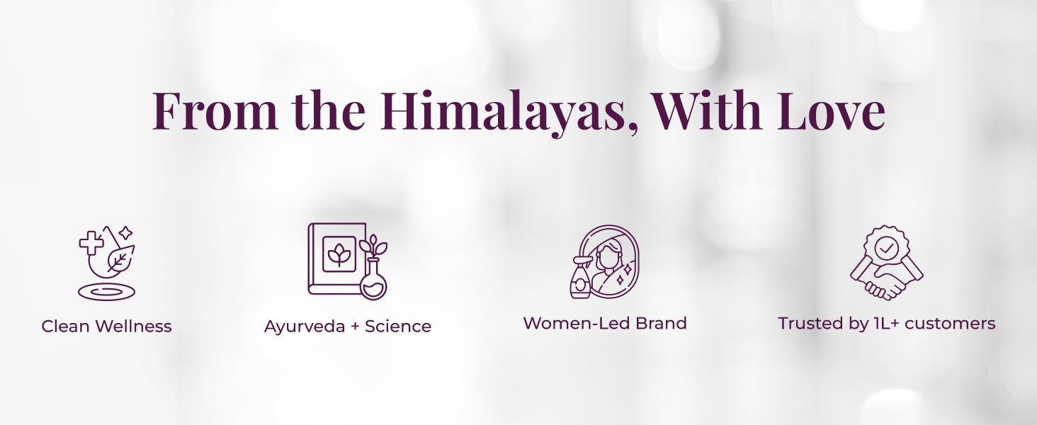 Heading on the image reads: "From the Himalayas, With Love".  Four iconic illustrations with text support each value – a leaf and cross for wellness represent Clean Wellness, a book and flask for Ayurveda & science labeled Ayurveda + Science, a woman icon for Women-Led Brand, and a handshake with a badge for Trusted by 1L+ customers.
