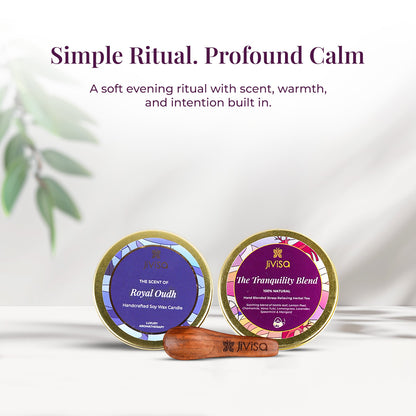 Tagline reads: &quot;Simple Ritual. Profound Calm – A soft evening ritual with scent, warmth, and intention built in&quot; followed by a clean, close-up display of JiViSa Royal Oudh candle and JiViSa Tranquility Blend tea tin with JiViSa wooden spoon in front. The image emphasizes the harmony between scent and sip in a minimalist setting with leafy accents.