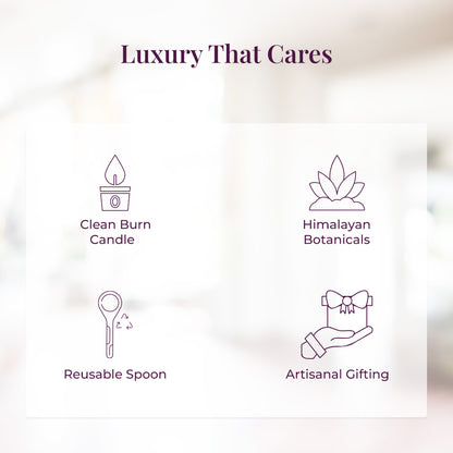 Tagline reads: &quot;Luxury That Cares&quot; followed by a minimal infographic with four purple icons representing JiViSa’s thoughtful craftsmanship: an icon of a candle flame represents Clean Burn Candle, a lotus flower over hills represents Himalayan Botanicals, a spoon with arrows represents Reusable Spoon, and a hand holding a gift box symbolizes Artisanal Gifting.