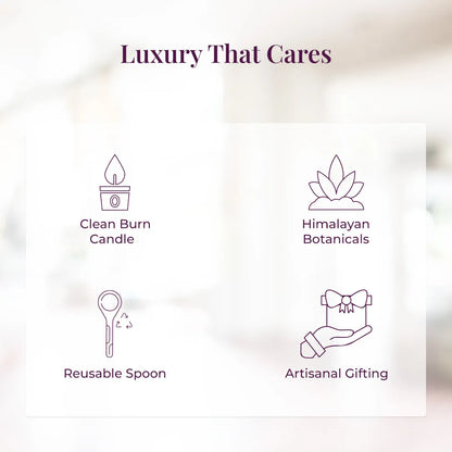 JiViSa gift box feature icons showing Clean Burn Candle, Himalayan Botanicals, Reusable Spoon, and Artisanal Gifting