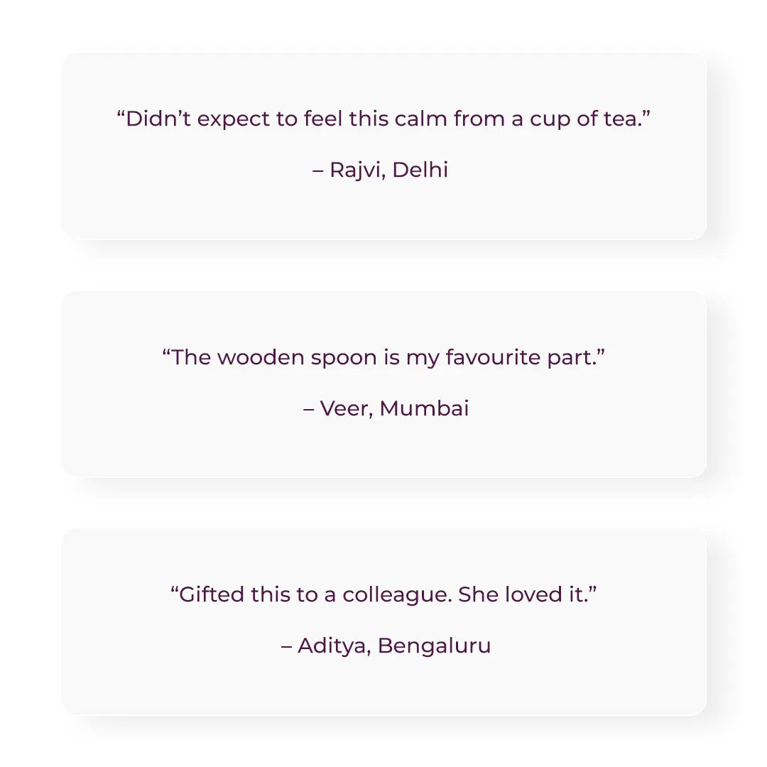Customer testimonials for Tranquil Himalayan Tea and Candle Gift Box from reviewers in Delhi, Mumbai, and Bengaluru praising the tea and wooden spoon