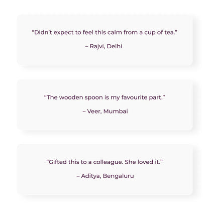 Customer testimonials for Tranquil Himalayan Tea and Candle Gift Box from reviewers in Delhi, Mumbai, and Bengaluru praising the tea and wooden spoon