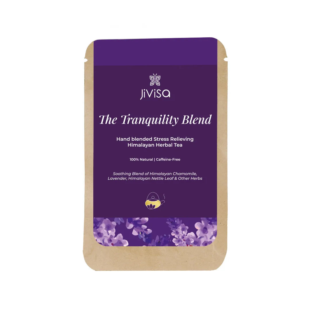JiViSa The Tranquility Blend 10gm pouch, a hand-blended stress-relieving Himalayan herbal tea, caffeine-free