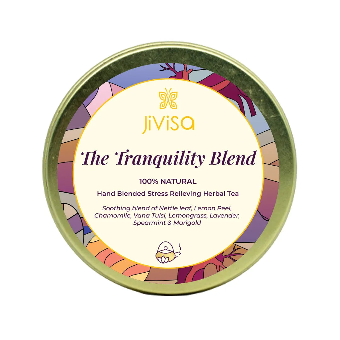 JiViSa The Tranquility Blend 25gm tin lid , a 100% natural stress-relieving herbal tea with chamomile, lavender and tulsi