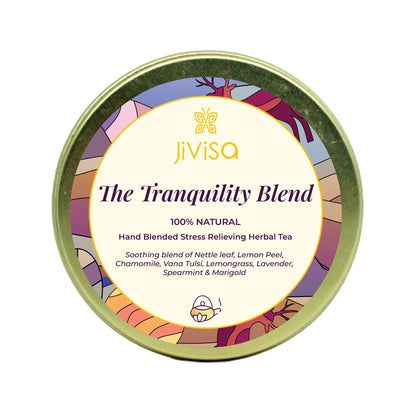 JiViSa The Tranquility Blend 25gm tin lid , a 100% natural stress-relieving herbal tea with chamomile, lavender and tulsi