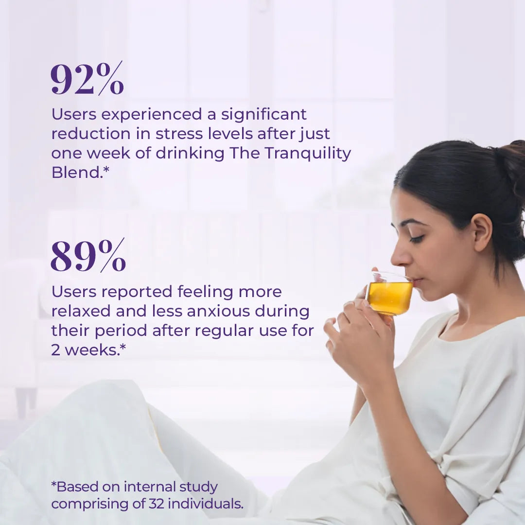 Woman drinking Tranquility Blend herbal tea – 92% of users reported reduced stress and 89% felt more relaxed during their period