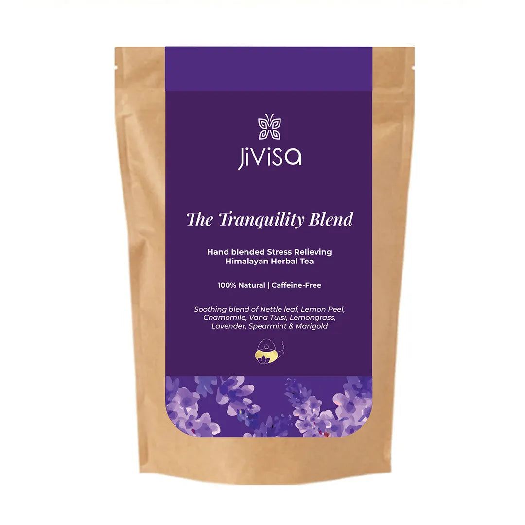 JiViSa The Tranquility Blend 50GM pouch, a 100% natural caffeine-free herbal tea for stress relief and better sleep