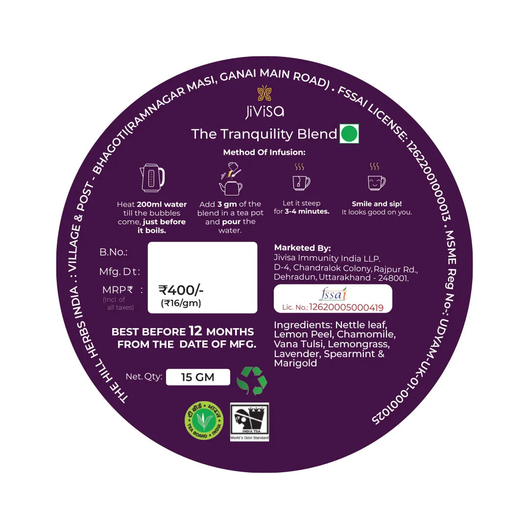 The Tranquility Blend tin lid with brewing instructions and ingredients - nettle leaf, lemon peel, chamomile, lavender, tulsi and spearmint