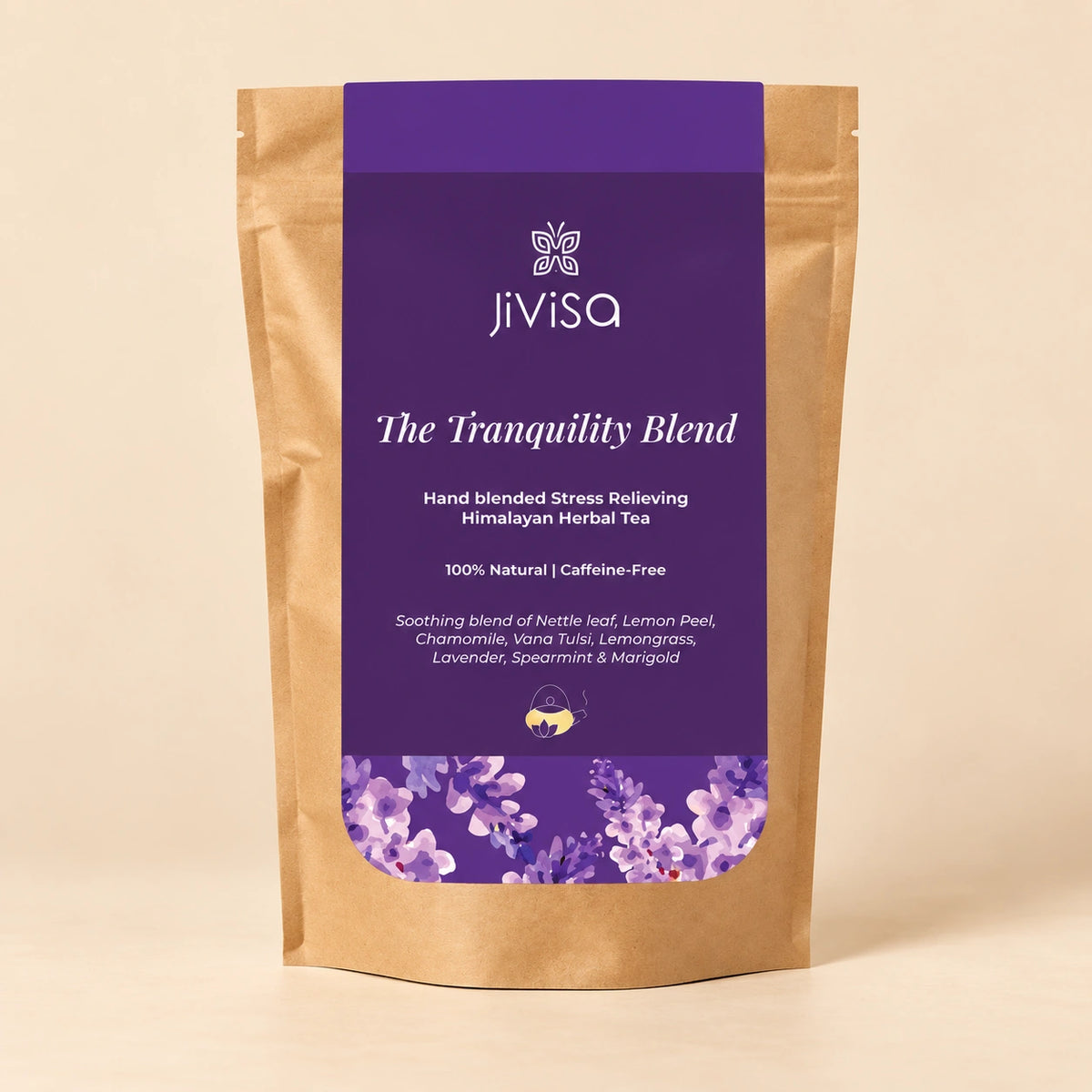 JiViSa The Tranquility Blend 50GM Pouch, a hand-blended stress-relieving Himalayan herbal tea with chamomile, lavender and nettle leaf