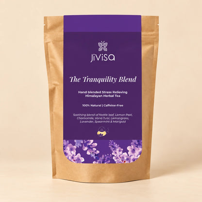 JiViSa The Tranquility Blend 50GM Pouch, a hand-blended stress-relieving Himalayan herbal tea with chamomile, lavender and nettle leaf