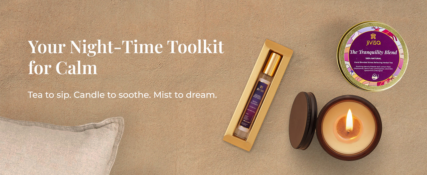 JiViSa Twilight Calm Tea & Aroma Collection with tranquility blend herbal tea tin, lit soft lavender candle, and boxed raina slumber mist placed on beige surface. Tagline reads: "Your Night-Time Toolkit for Calm." Below that supporting text says: ‘Tea to sip. Candle to soothe. Mist to dream.'