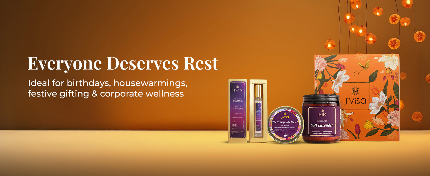 Floral orange JiViSa Twilight Calm Tea & Aroma gift box displayed with its products in a festive background — JiViSa Tranquility Blend herbal tea, JiViSa Soft Lavender candle, and JiViSa Raina Slumber mist. The tagline reads: "Everyone Deserves Rest". Below, the text says: ‘Ideal for birthdays, housewarmings, festive gifitng & corporate wellnesss'.