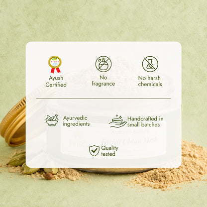JiViSa Kumari-Elaichi Ubtan is Ayush certified, fragrance-free, and handcrafted in small batches with ayurvedic ingredients