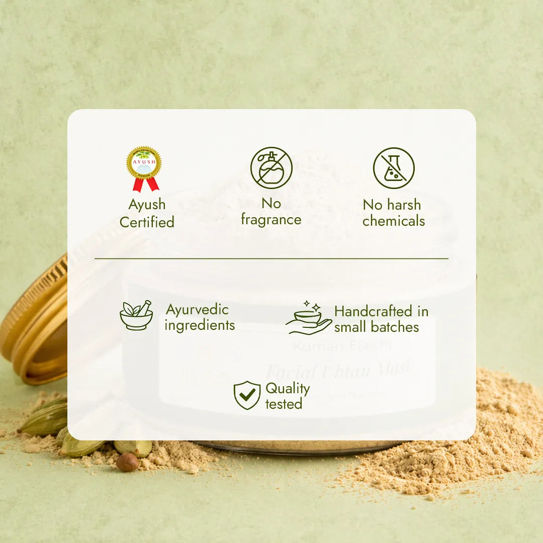 JiViSa Kumari-Elaichi Ubtan is Ayush certified, fragrance-free, and handcrafted in small batches with ayurvedic ingredients