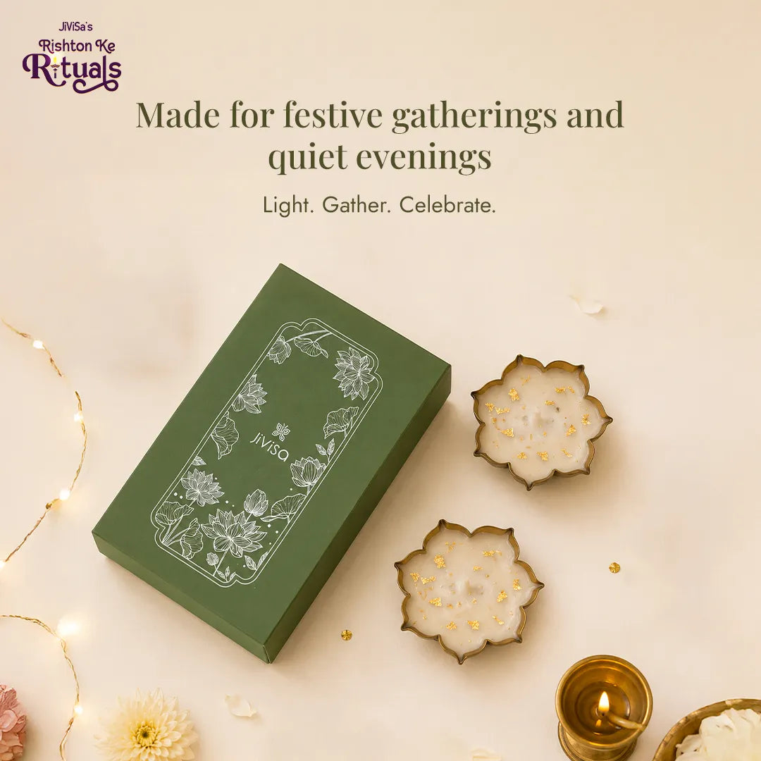 JiViSa Urli candle gift box for festive gatherings, with sage green lotus box and two gold-rimmed urli soy candles