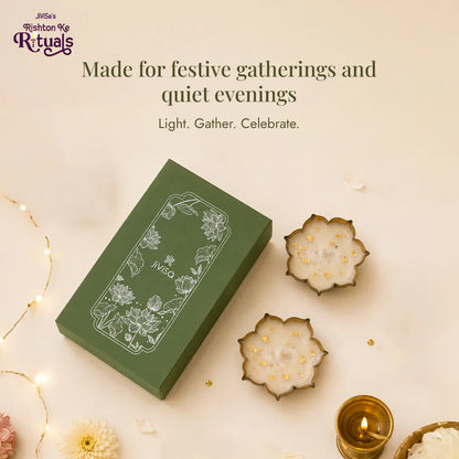 JiViSa Urli candle gift box for festive gatherings, with sage green lotus box and two gold-rimmed urli soy candles