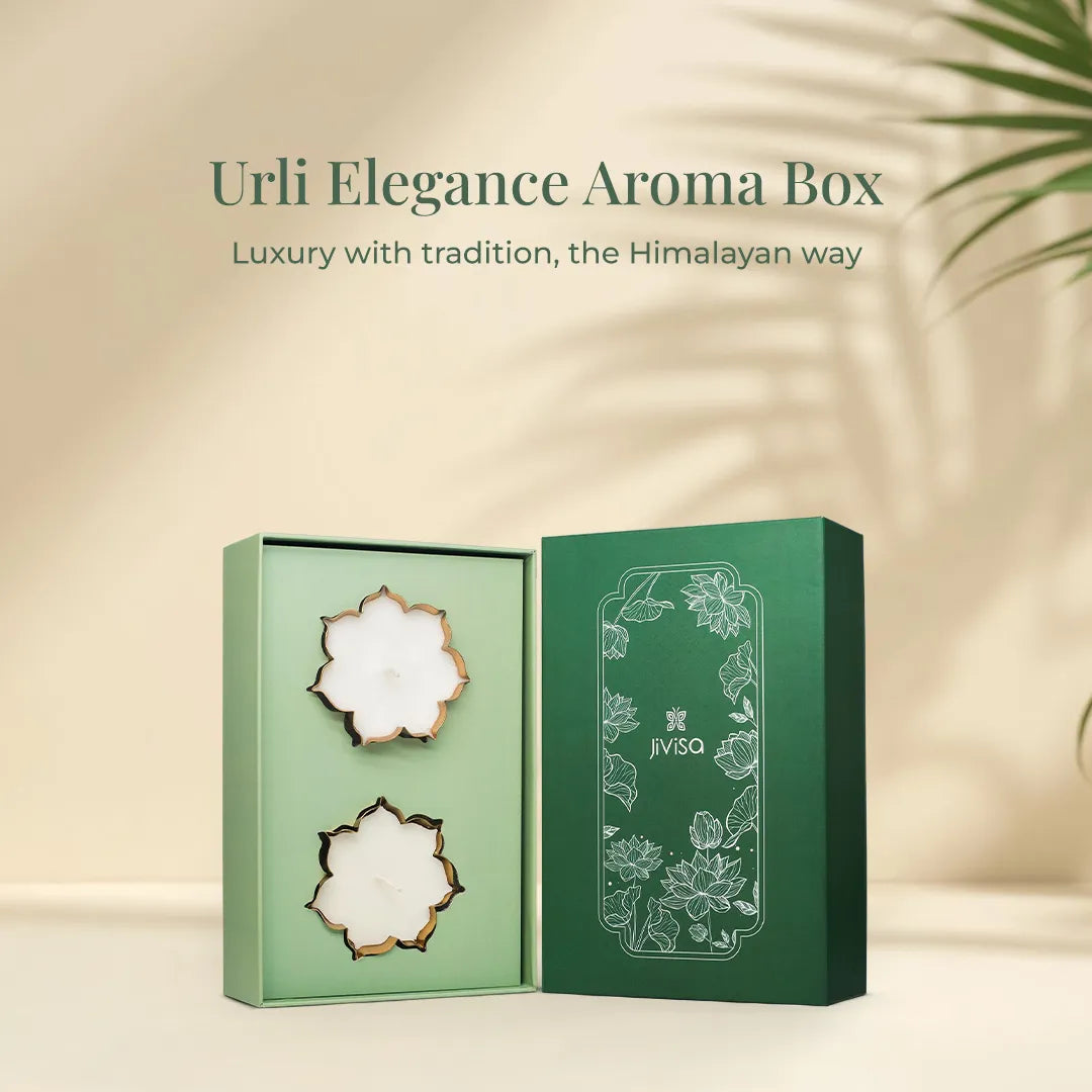 JiViSa Urli Elegance Aroma Box with lotus-flower shaped candles and dark green floral gift box - Himalayan-inspired luxury candle set