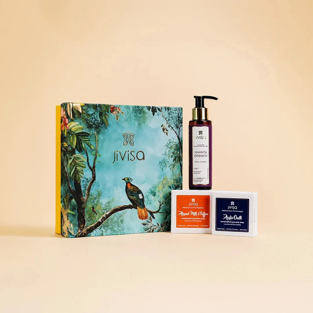 JiViSa Wake Up Ritual gift box with facial cleanser and two handmade Ayurvedic soaps