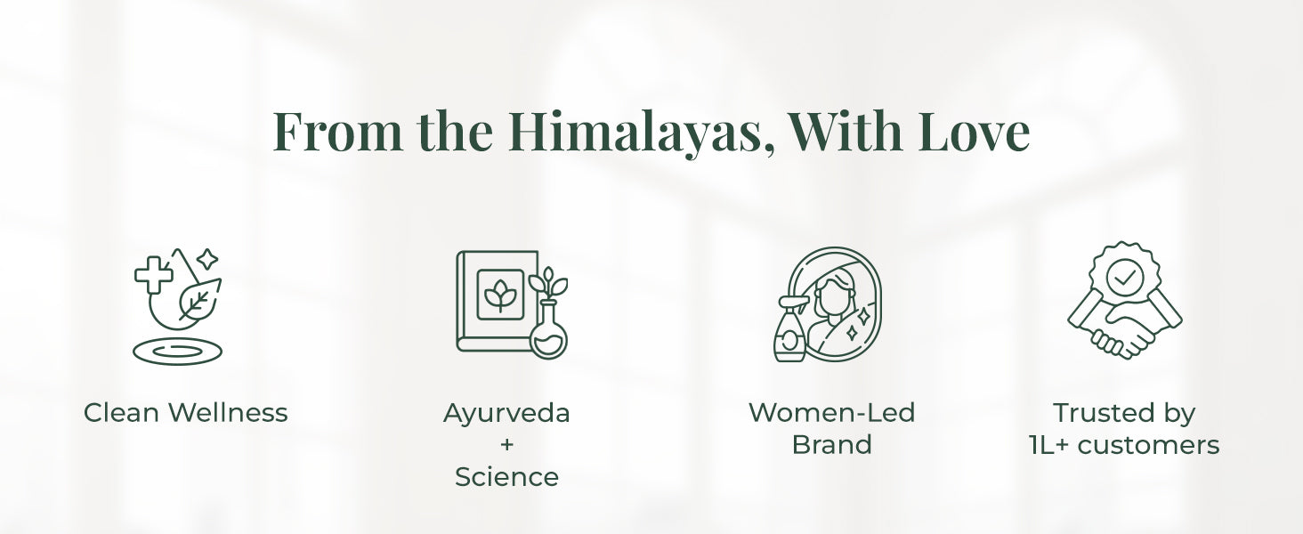 Heading on the image reads: "From the Himalayas, With Love".  Four iconic illustrations with text support each value – a leaf and cross for wellness represent Clean Wellness, a book and flask for Ayurveda & science labeled Ayurveda + Science, a woman icon for Women-Led Brand, and a handshake with a badge for Trusted by 1L+ customers.
