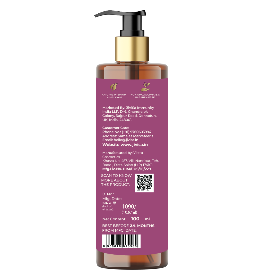 Back view of JiViSa's Ananta Drench Facial Cleanser, 100ml bottle, showing detailed product information including manufacturer and marketer details, customer care information, pricing, manufacturing date, and a QR code for more product details.