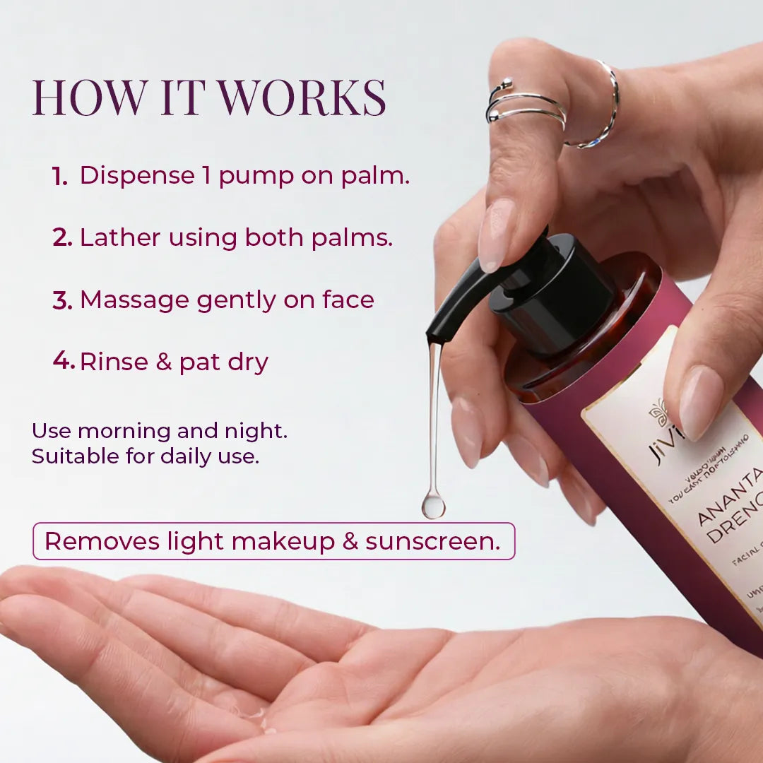 How to use JiViSa Ananta Drench kumkumadi face wash - 4-step daily routine: pump, lather, massage, rinse. Removes light makeup and sunscreen