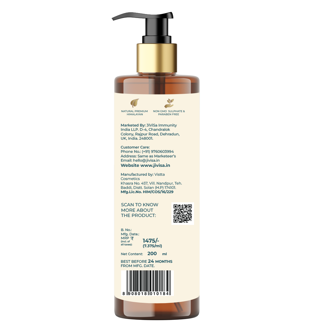 Back view of JiViSa Aranya Glaze Buttery Body Milk bottle displaying product details and ingredients. The label is blue with text highlighting the product is sulphate and paraben-free, non-GMO, and made from natural premium Himalayan ingredients.