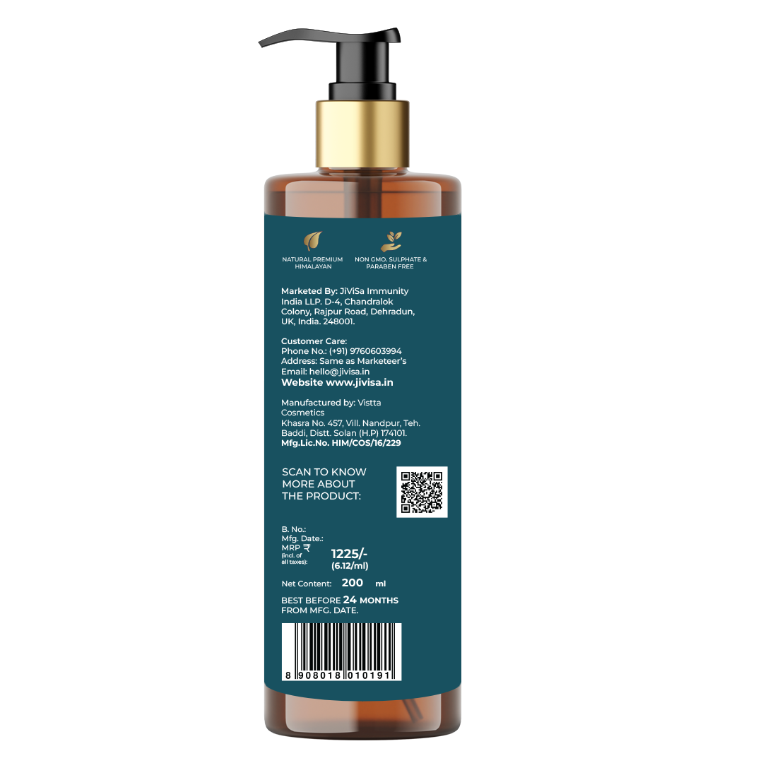 An amber bottle with a gold pump. The back label highlights "NATURAL PREMIUM HIMALAYAN" and "NON GMO, SULPHATE & PARABEN FREE." It provides the manufacturer's details, customer care information, and a QR code for more product details. The price, manufacturing date, and other regulatory information are also included.