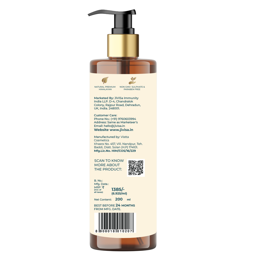 Back view of JiViSa Aranya Lustre Hair Conditioner bottle with product details and QR code. Contains information about the product being natural premium Himalayan, non-GMO, sulphate and paraben free. The MRP is ₹1385 for 200 ml.