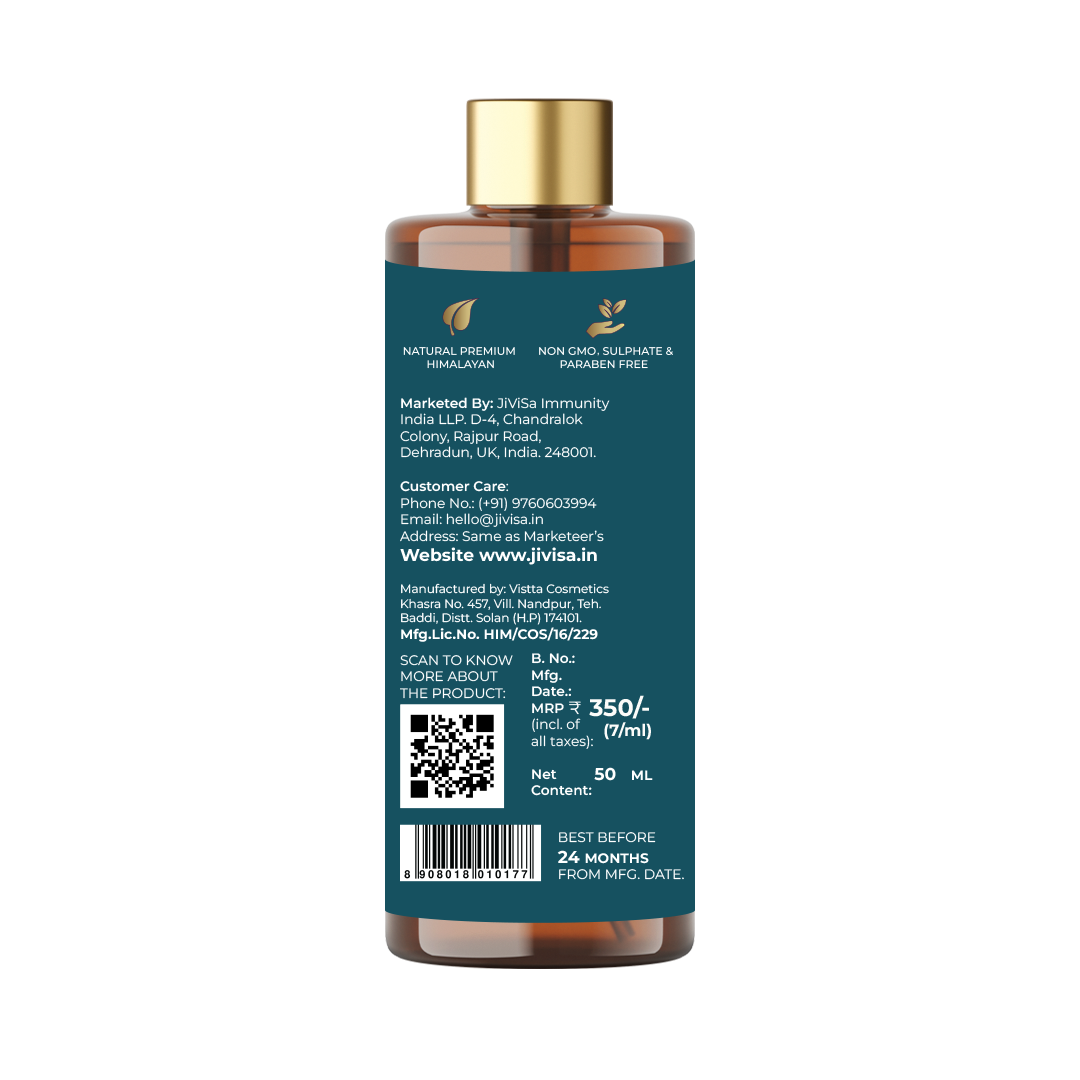 Back view of a Jivisa Aranya Zen Grounding Gel Body Cleanser bottle, showcasing product details including ingredients, manufacturing information, and a QR code for more product information. The bottle is amber-colored with a teal label and a pump dispenser.