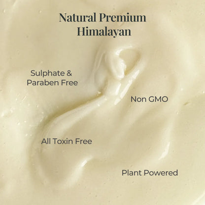 Cream texture showing sulphate free, non GMO, toxin free and plant powered formulation