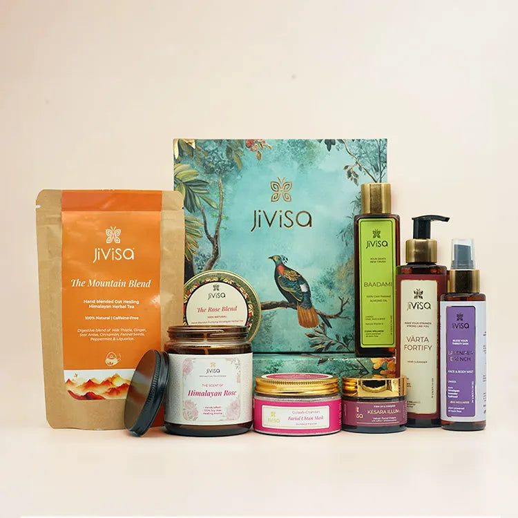 Full range of JiViSa Himalayan wellness products – herbal tea, oils and skincare