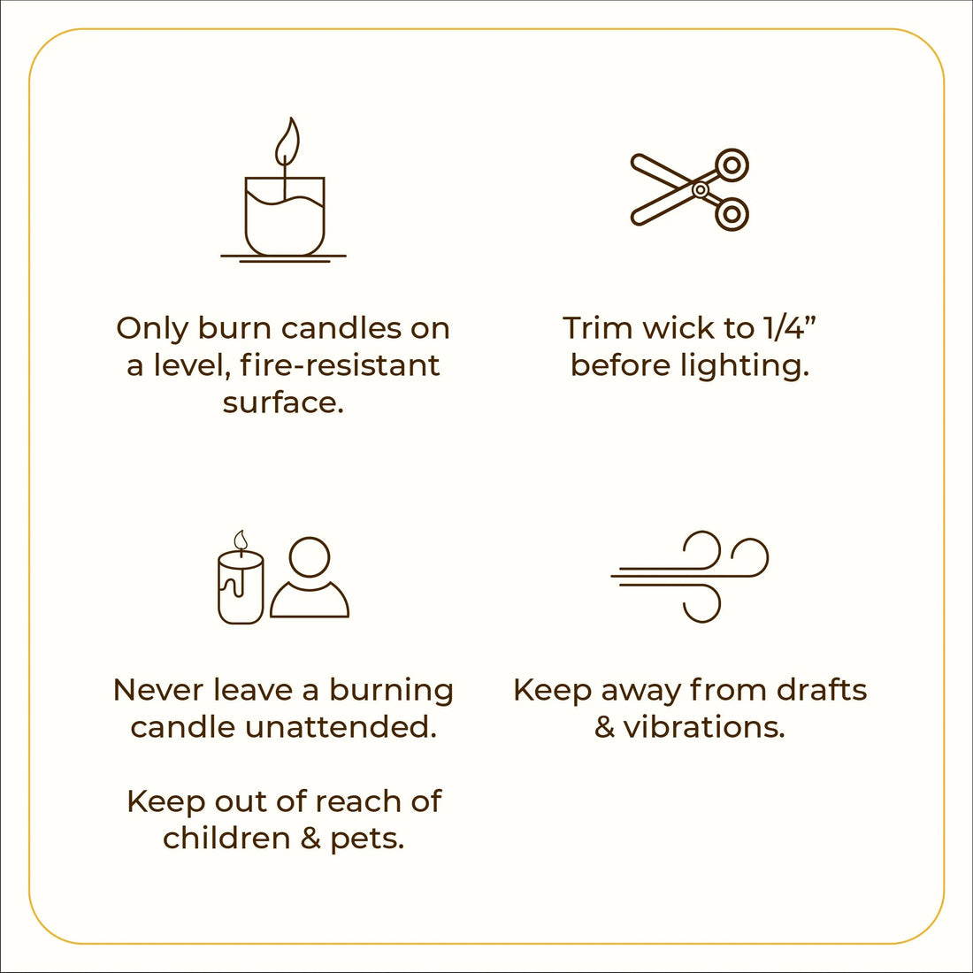 JiViSa candle safety instructions – burn on a level fire-resistant surface, trim wick to 1/4 inch, never leave unattended, keep away from children, pets and drafts