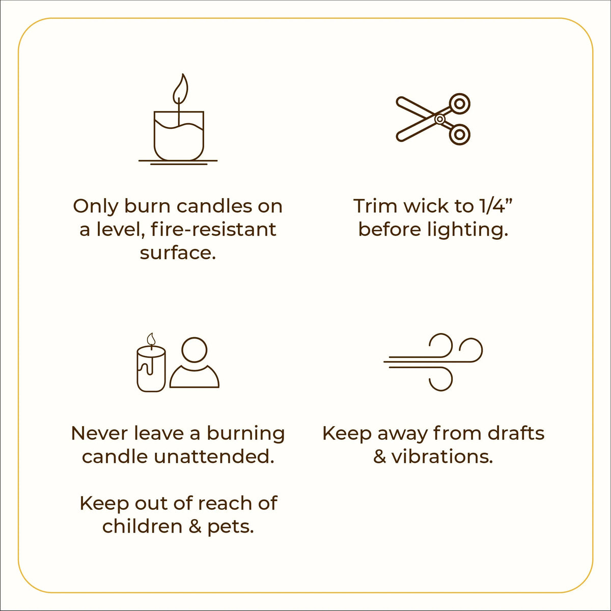 JiViSa candle safety instructions – burn on a level fire-resistant surface, trim wick to 1/4 inch, never leave unattended, keep away from children, pets and drafts