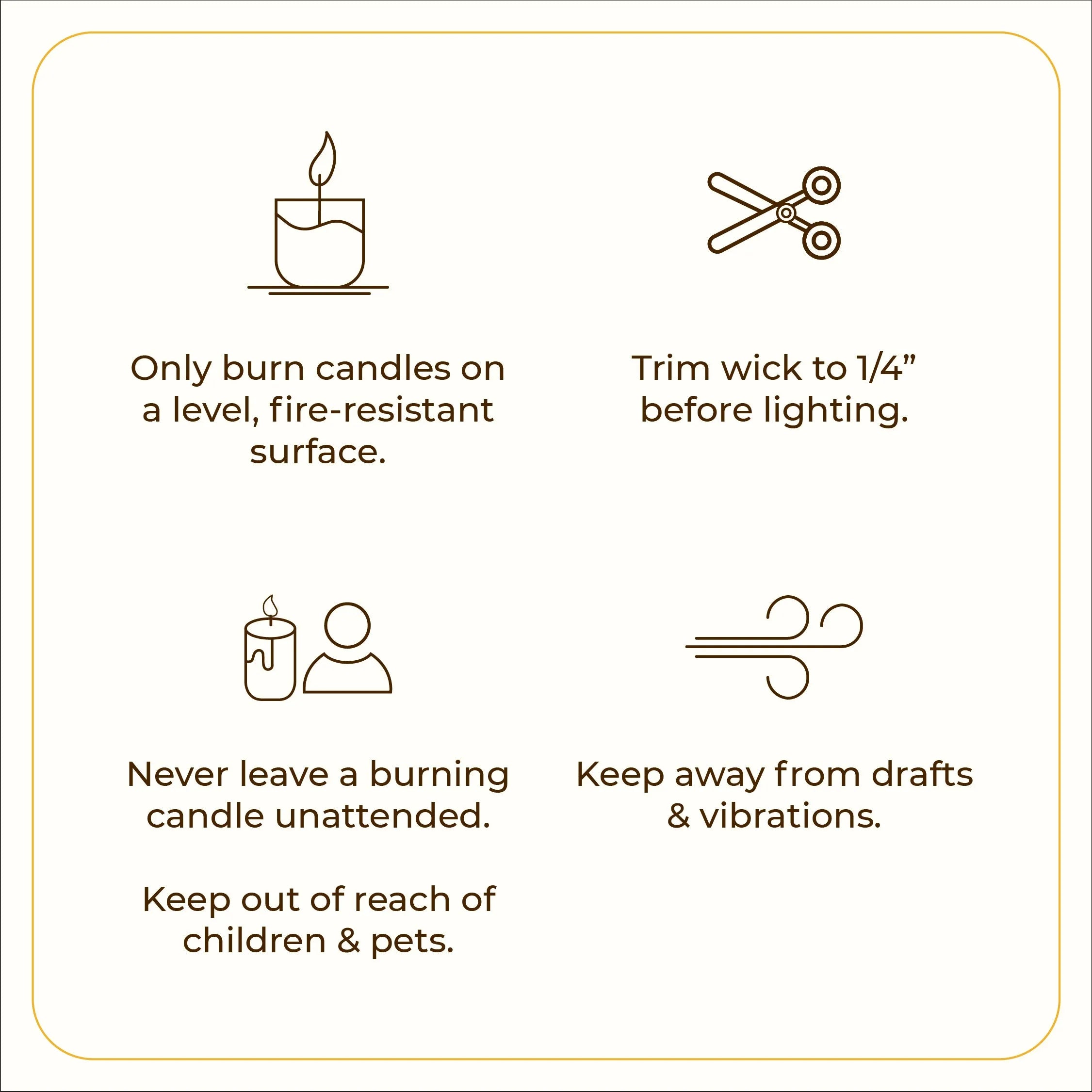 JiViSa candle safety instructions – burn on a level fire-resistant surface, trim wick to 1/4 inch, never leave unattended, keep away from children, pets and drafts