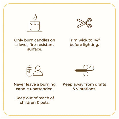 JiViSa candle safety instructions – burn on a level fire-resistant surface, trim wick to 1/4 inch, never leave unattended, keep away from children, pets and drafts